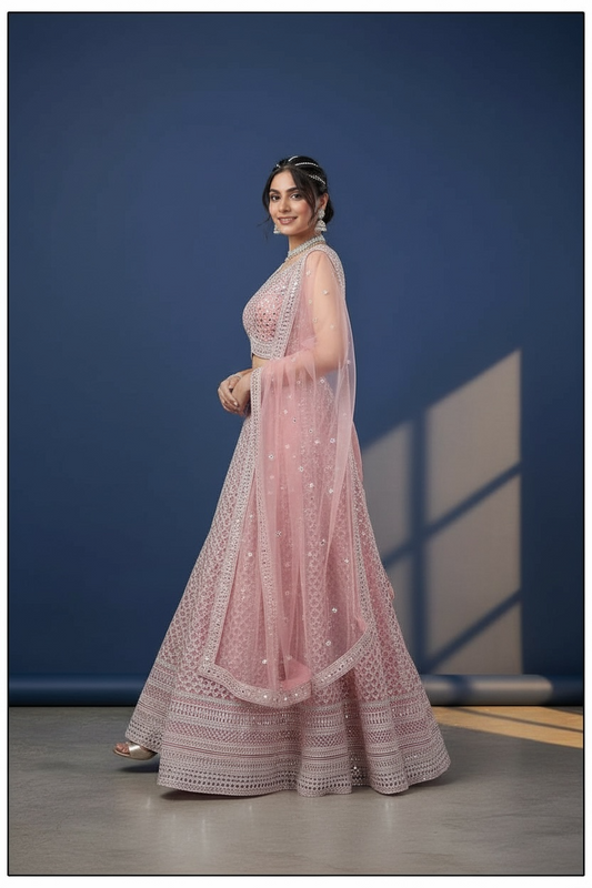 Blush Pink Lehenga Choli - Wedding Party Wear Set by Kurti Connection USA