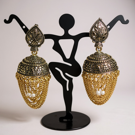 Antique gold finish jhumki earrings by Kurti Connection USA