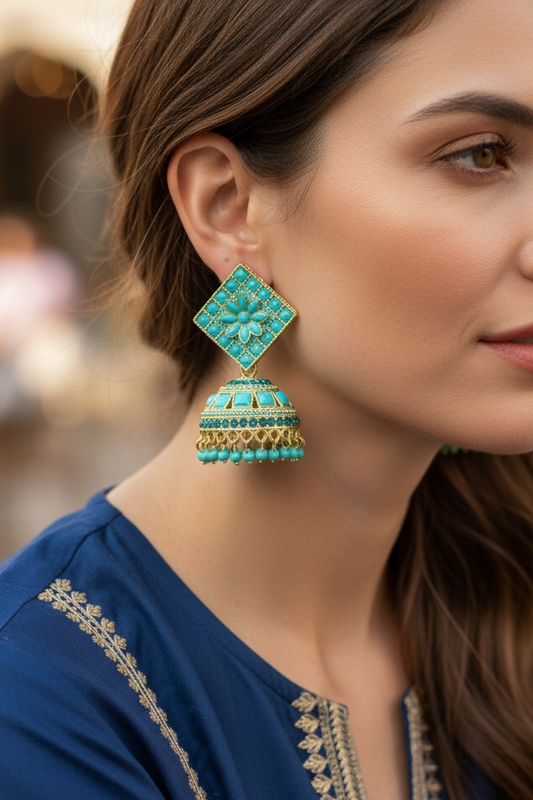 Turquoise blue jhumki earrings by Kurti Connection USA
