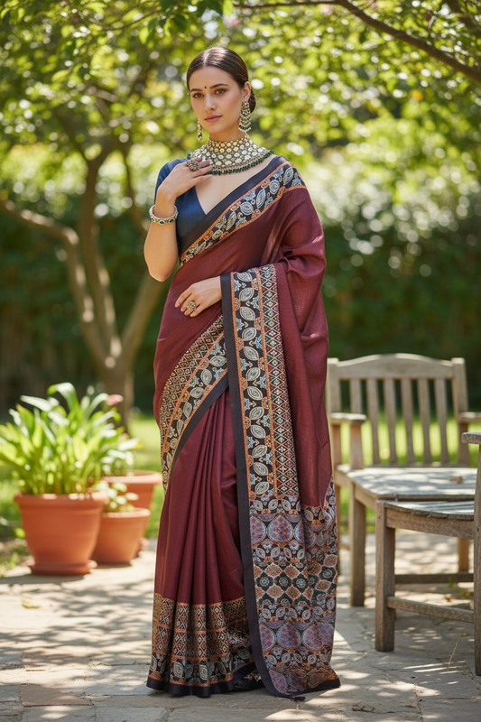 Ajrakh silk saree by Kurti Connection USA