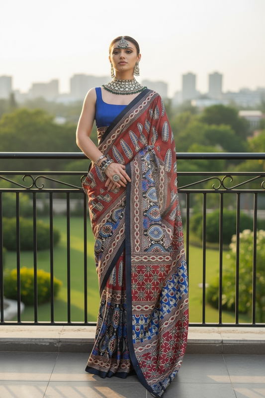 Ajrakh saree on modal silk by Kurti Connection USA