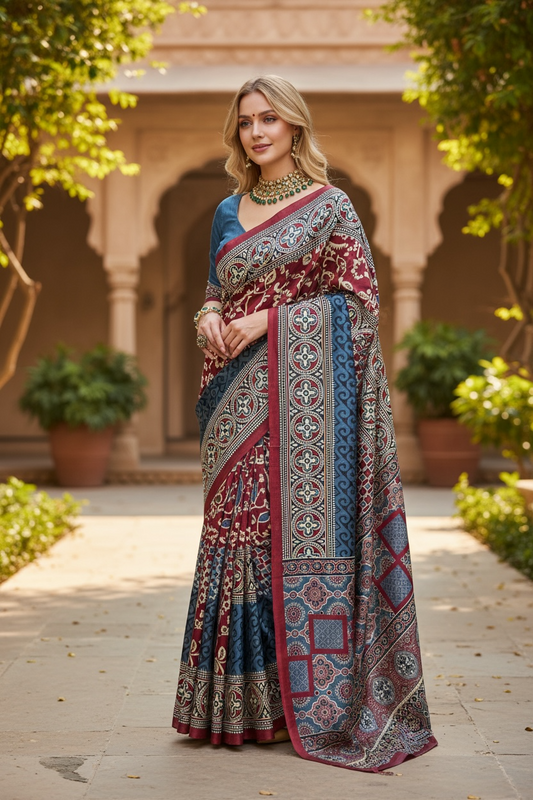 Ajrakh saree on modal silk by Kurti Connection USA