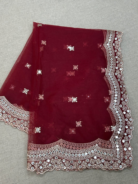 Fancy net dupatta: maroon with light gold work by Kurti Connection USA