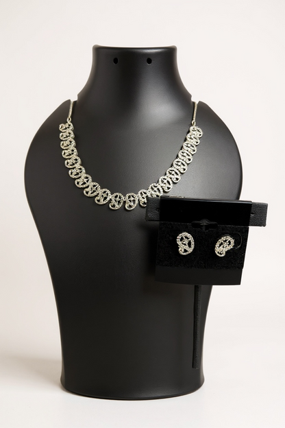 Lightweight silver look necklace set : AD STONE by Kurti Connection USA