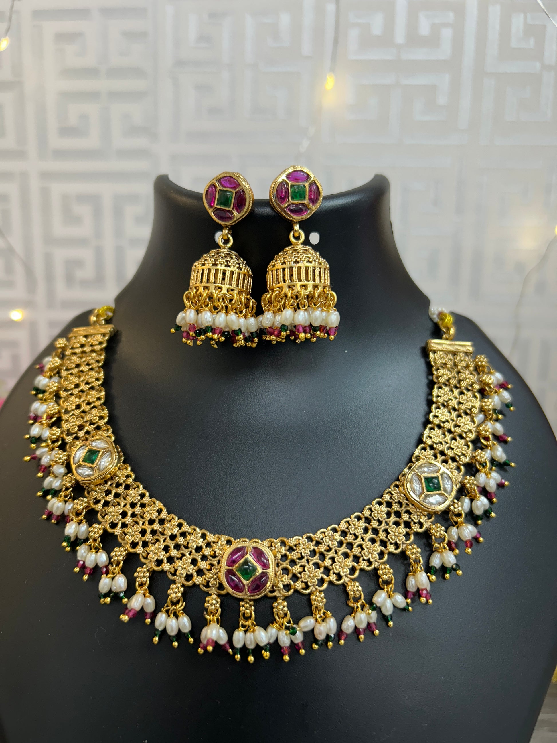 Gold polished necklace set by Kurti Connection USA