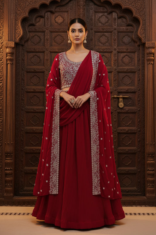 Dark pink lehenga Choli set with jacket and pre stitched dupatta by Kurti Connection USA