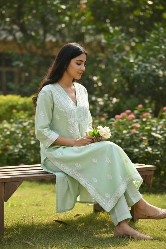Green/Cotton chikankari top