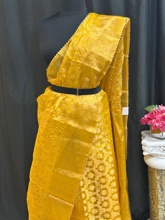 Tissue organza saree with all over jari weaving by Kurti Connection USA