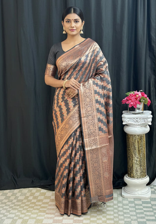 Copper jari saree by Kurti Connection USA