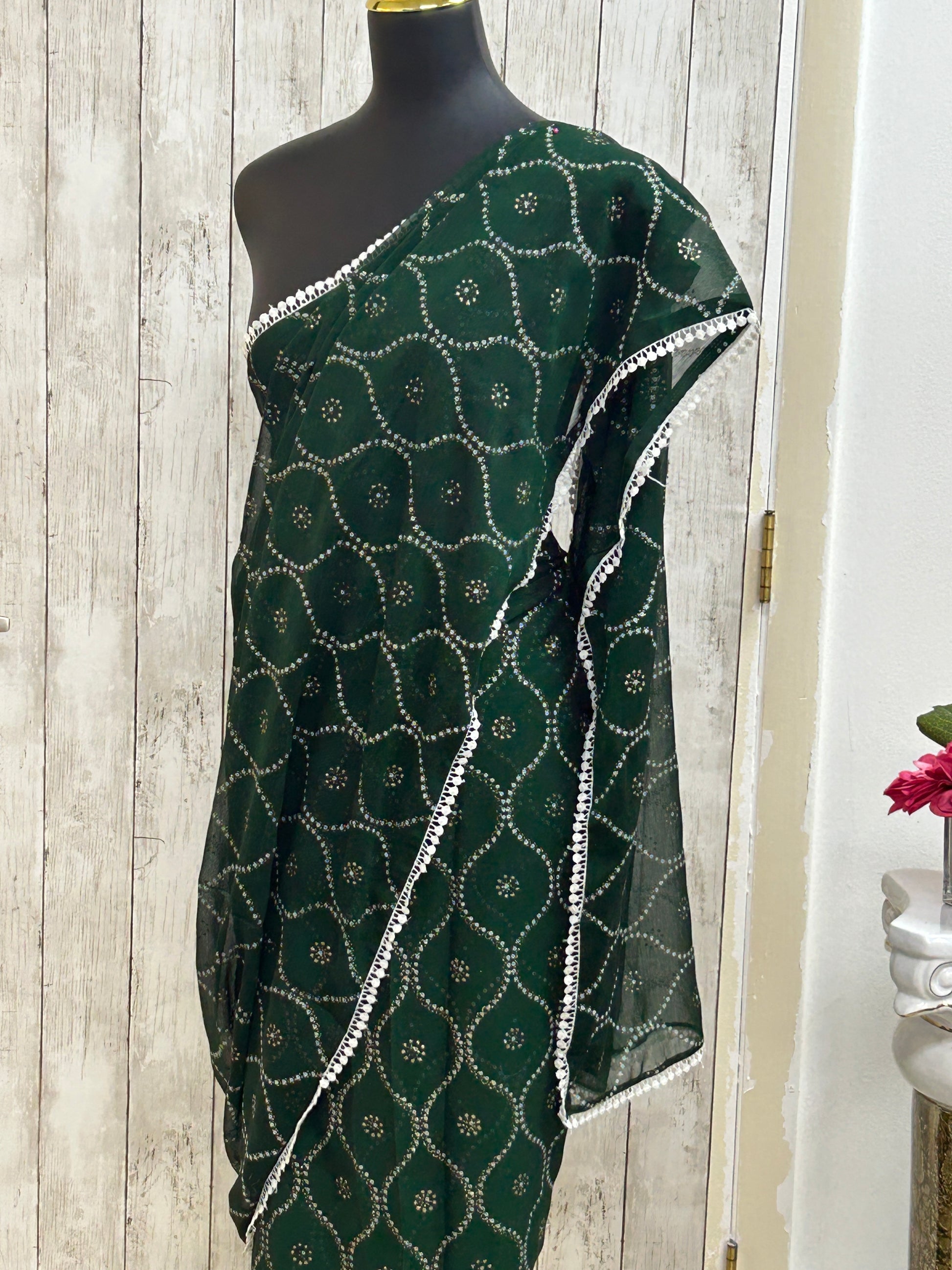 Green chiffon saree by Kurti Connection USA