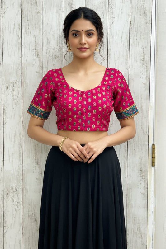 Silk blouse with teal blue detailing by Kurti Connection USA