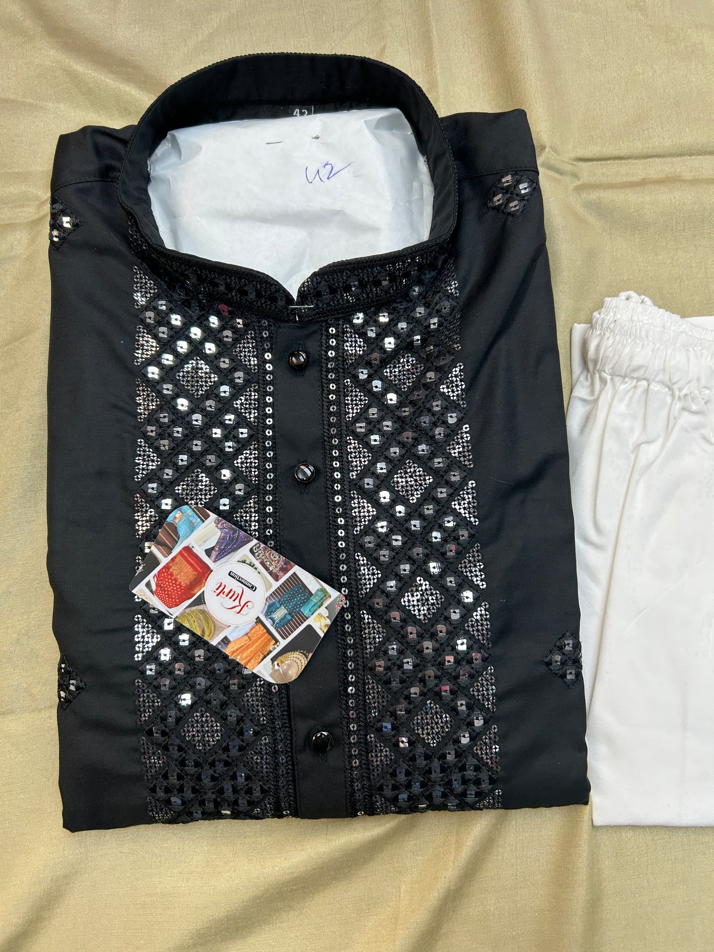 Silk kurta pajama set with mirror work by Kurti Connection USA
