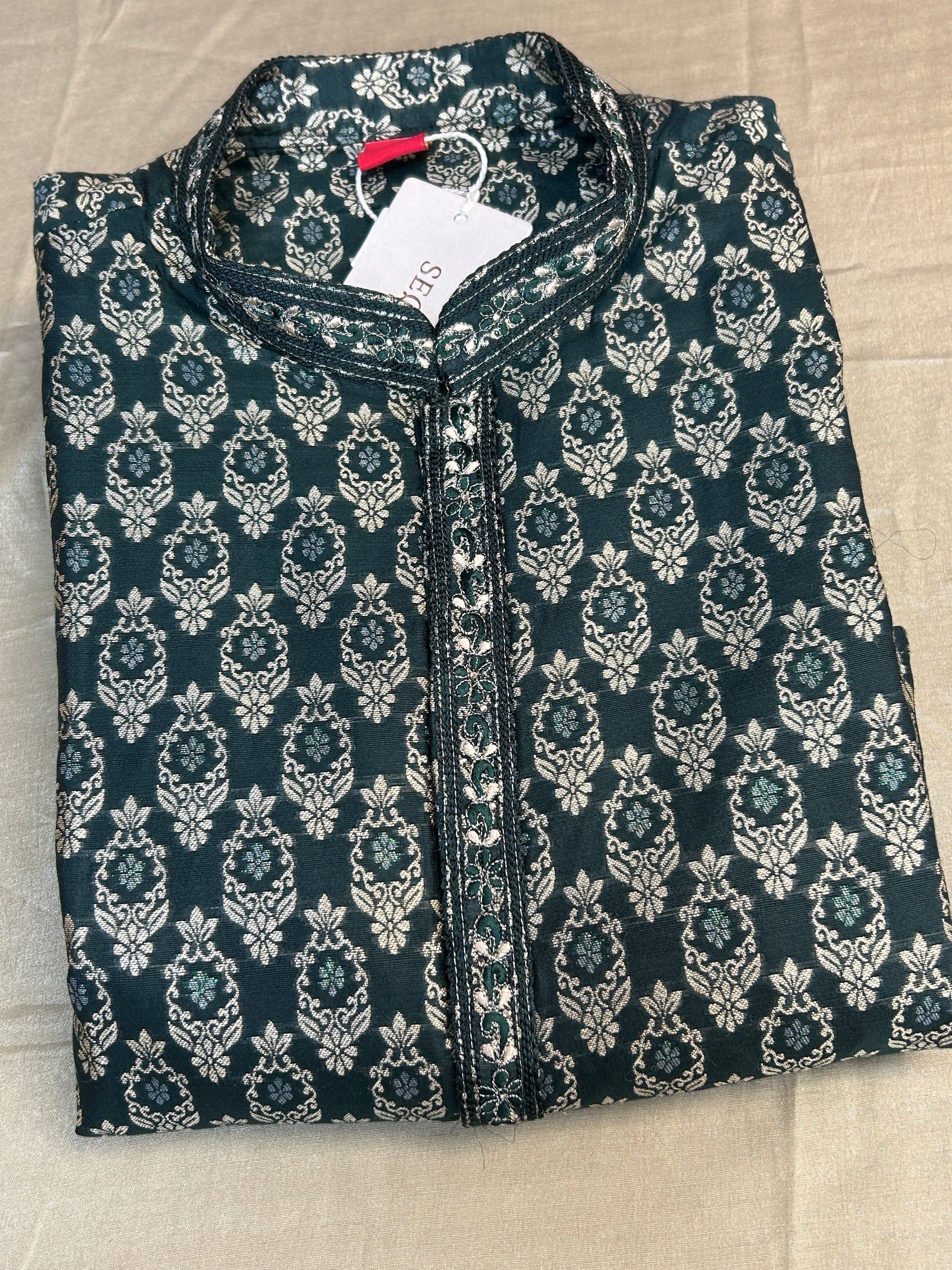 Dark green brocade kurta pajama by Kurti Connection USA