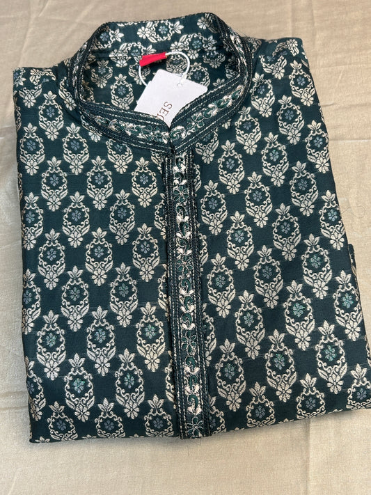 Dark green brocade kurta pajama by Kurti Connection USA