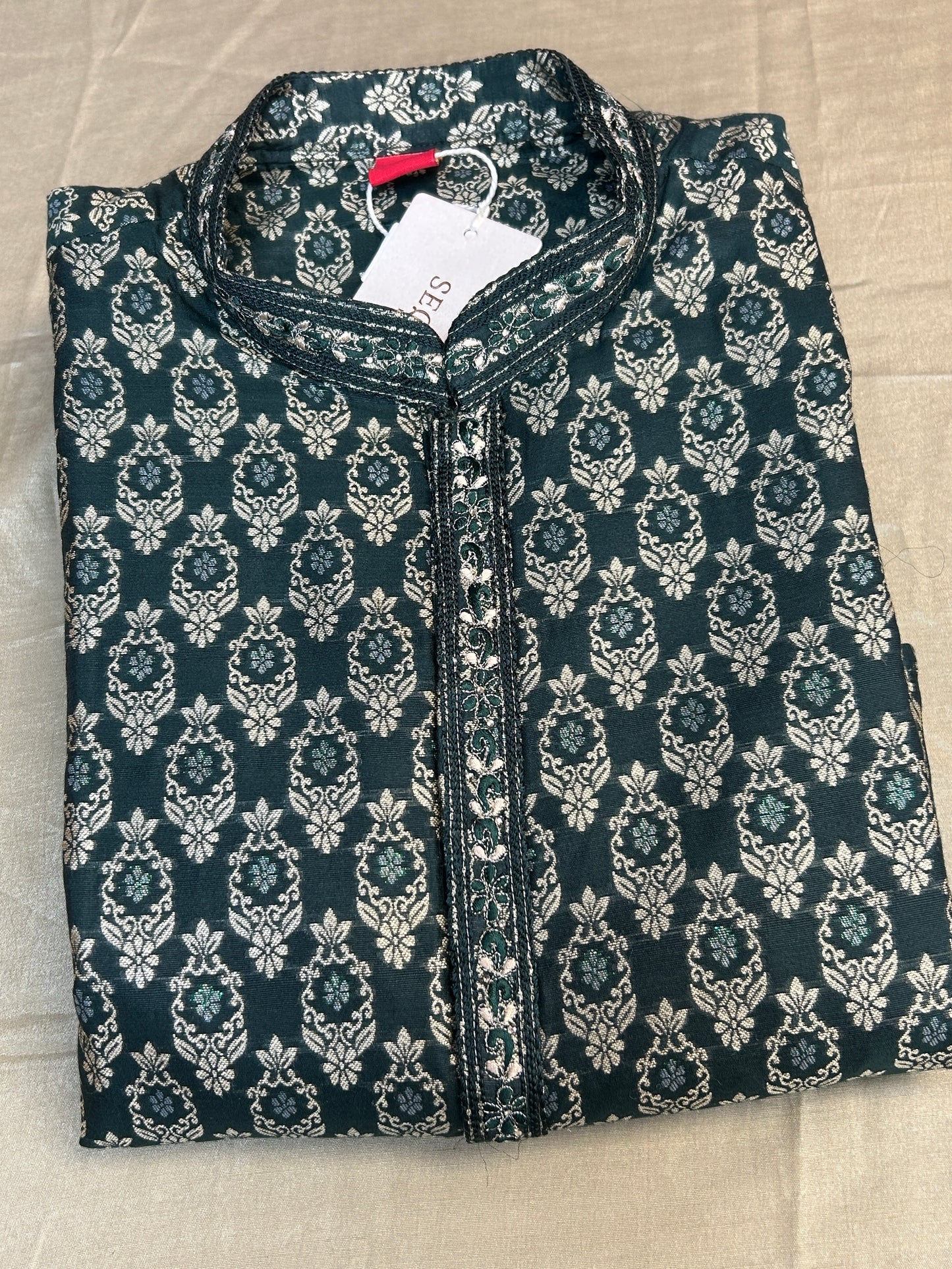 Dark green brocade kurta pajama by Kurti Connection USA