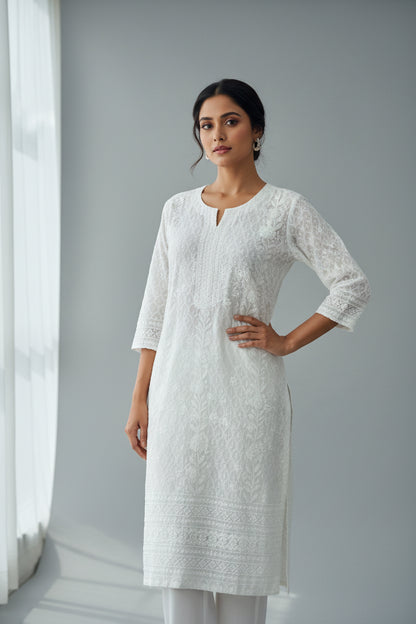 White chikankari kurti with light sequin work by Kurti Connection USA