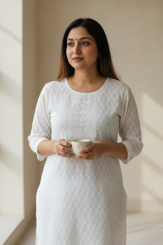 White chikankari kurti with light sequin work by Kurti Connection USA