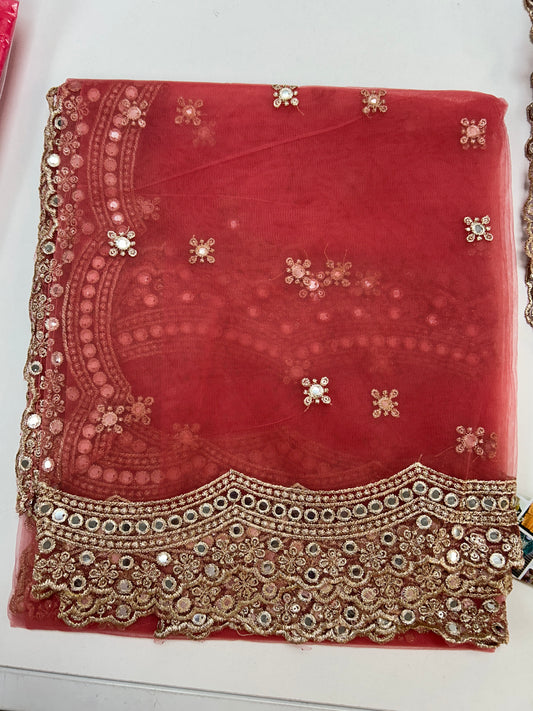 Peach pink net duppata with mirror work border