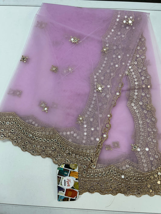Lilac net dupatta with mirror work border