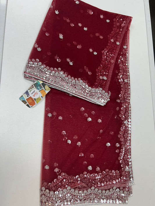 Dark maroon netduppata with  silver sequence work