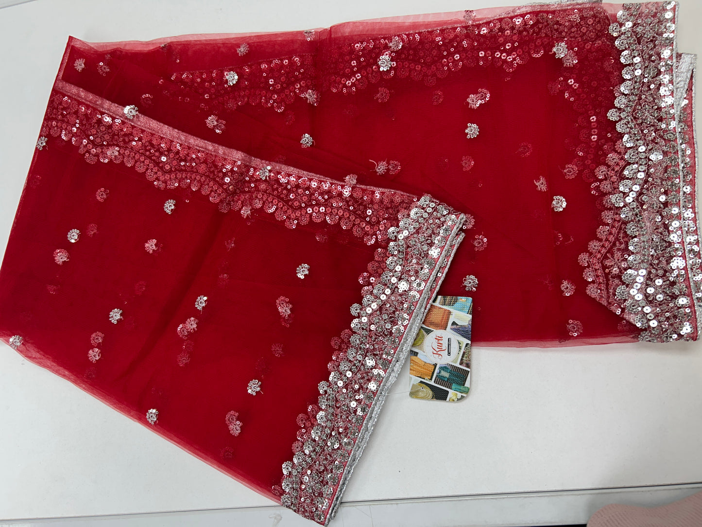 Red  net duppata with silver sequence work