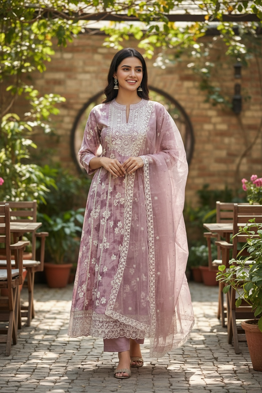 Linen silk kurti set : Anarkali Kurti pant set