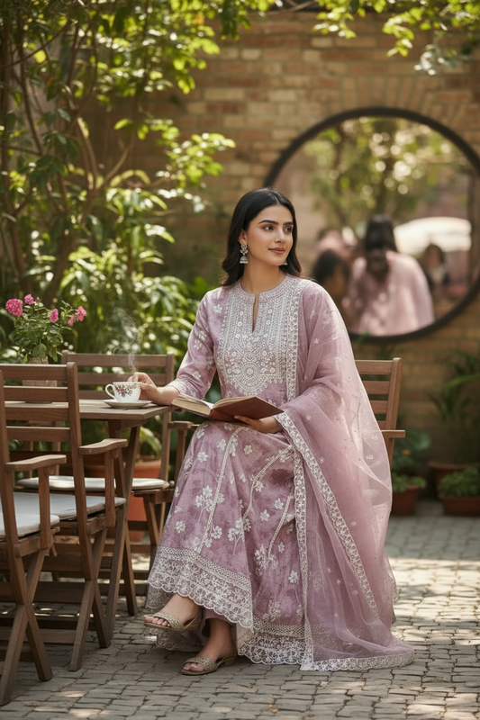 Linen silk kurti set : Anarkali Kurti pant set