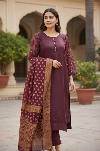 Embroidered Sleeve Kurti With Dupatta Set