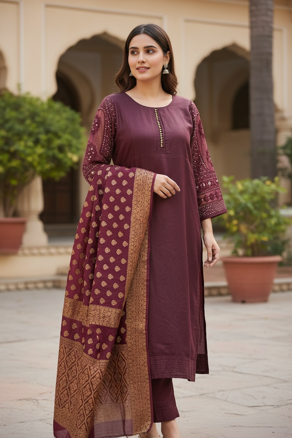 Embroidered Sleeve Kurti With Dupatta Set