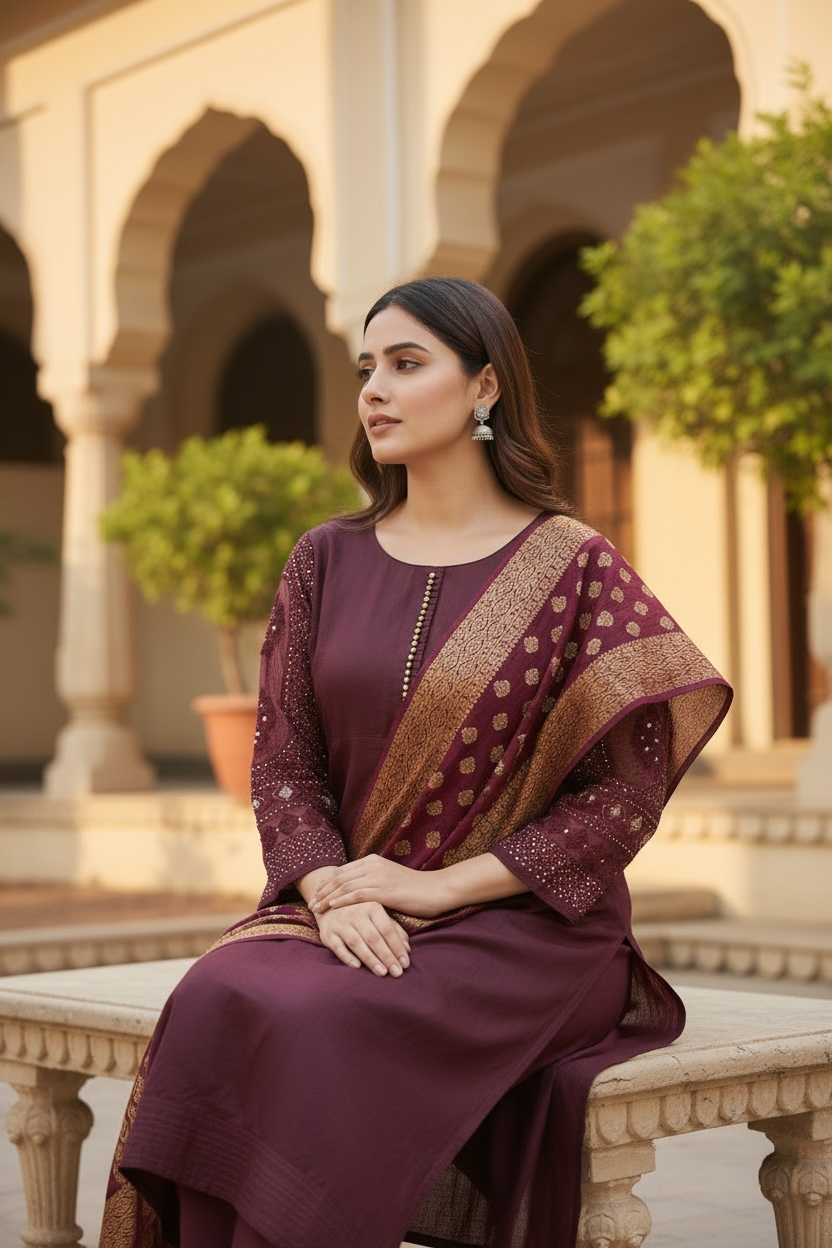 Embroidered Sleeve Kurti With Dupatta Set