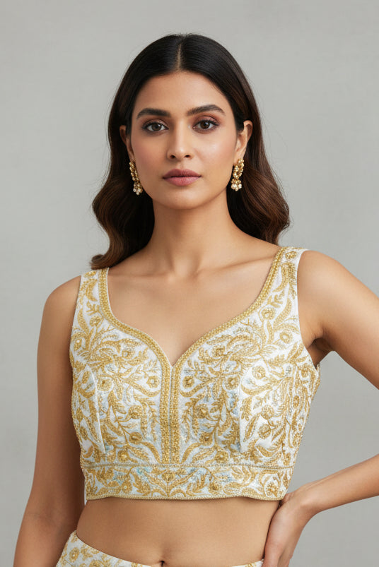 White blouse with gold embroidery - Kurti Connection USA