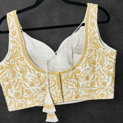 White blouse with gold embroidery - Kurti Connection USA