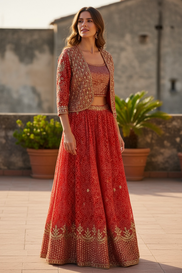 Red Bandhani chaniya choli set by Kurti Connection USA