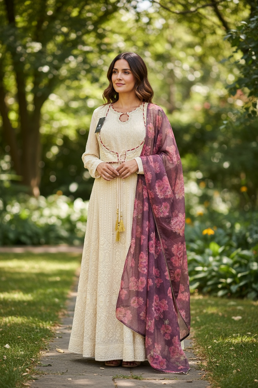 Chikankari long gown by Kurti Connection USA