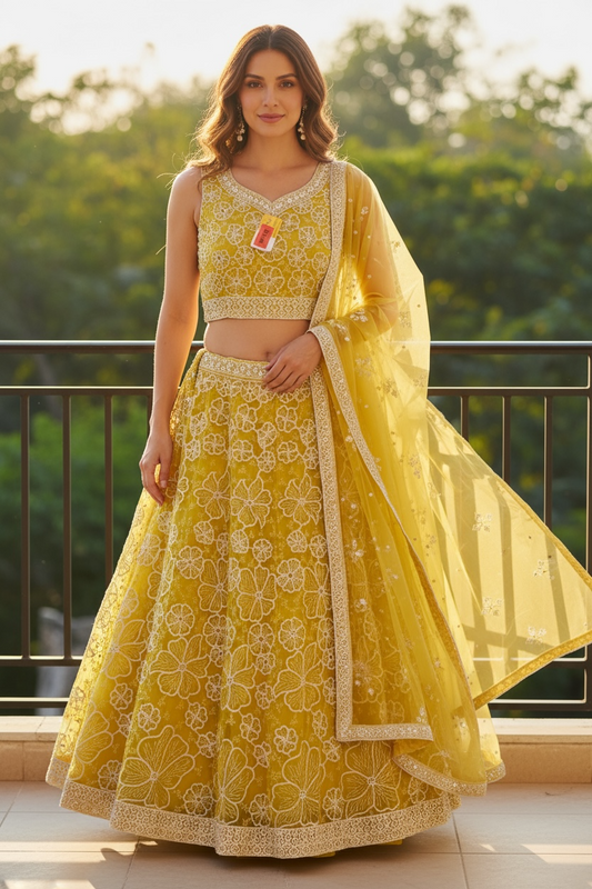 Yellow lehenga set by Kurti Connection USA