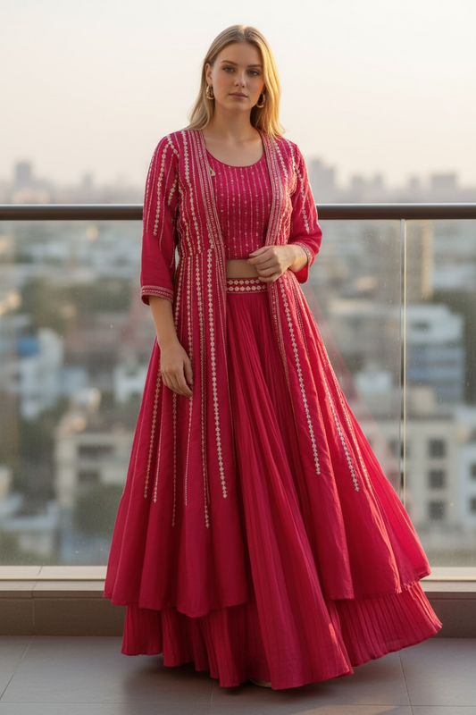 Dark pink Lehenga Choli set with long jacket by Kurti Connection USA