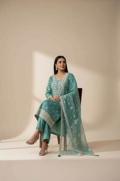Embroidered silk salwar suit by Kurti Connection USA