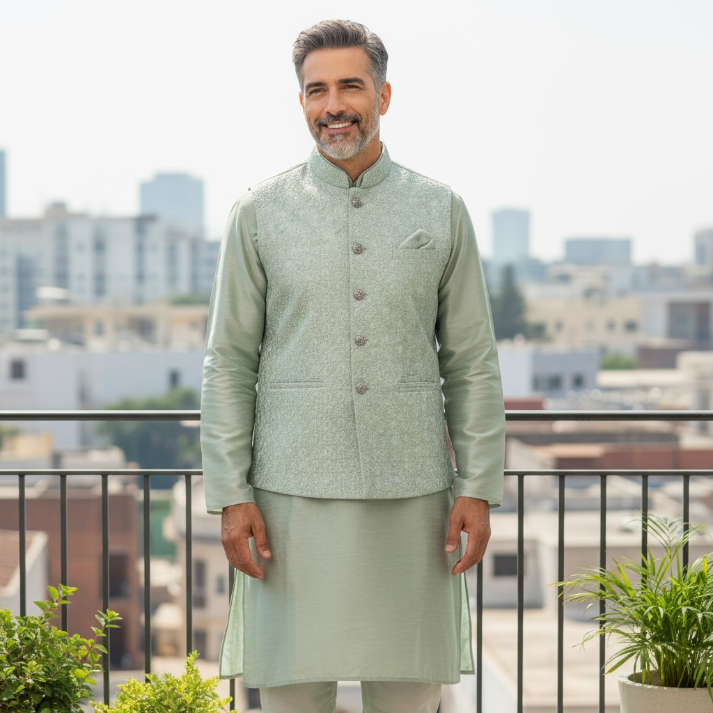 Light grey silk kurta set with jacket - Kurti Connection USA