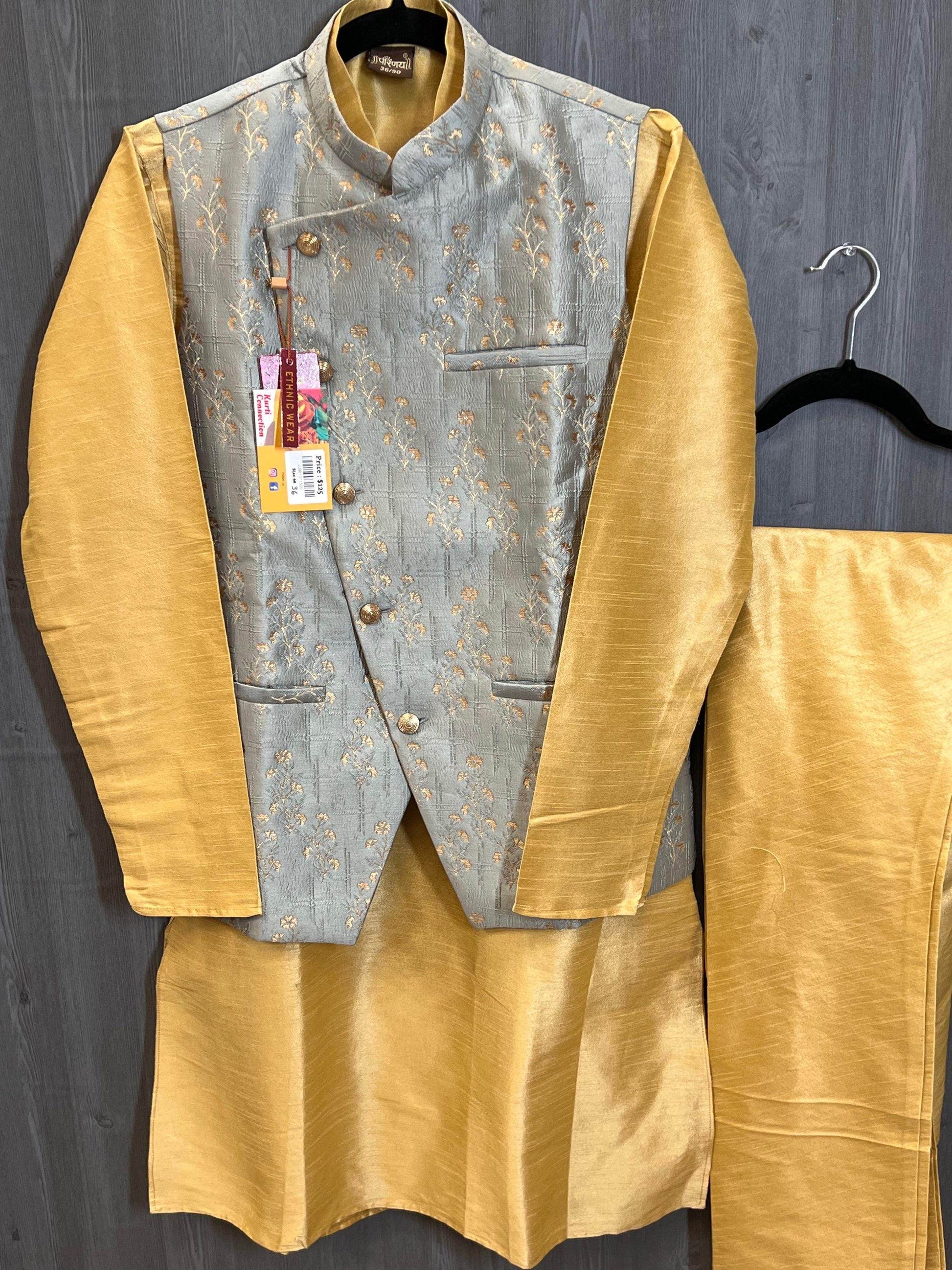 Silk kurta pajaama with jacket - Kurti Connection USA