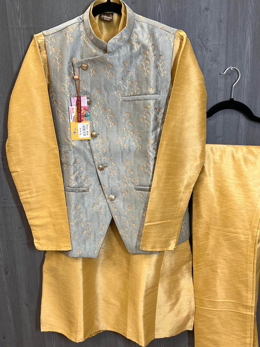 Silk kurta pajaama with jacket - Kurti Connection USA