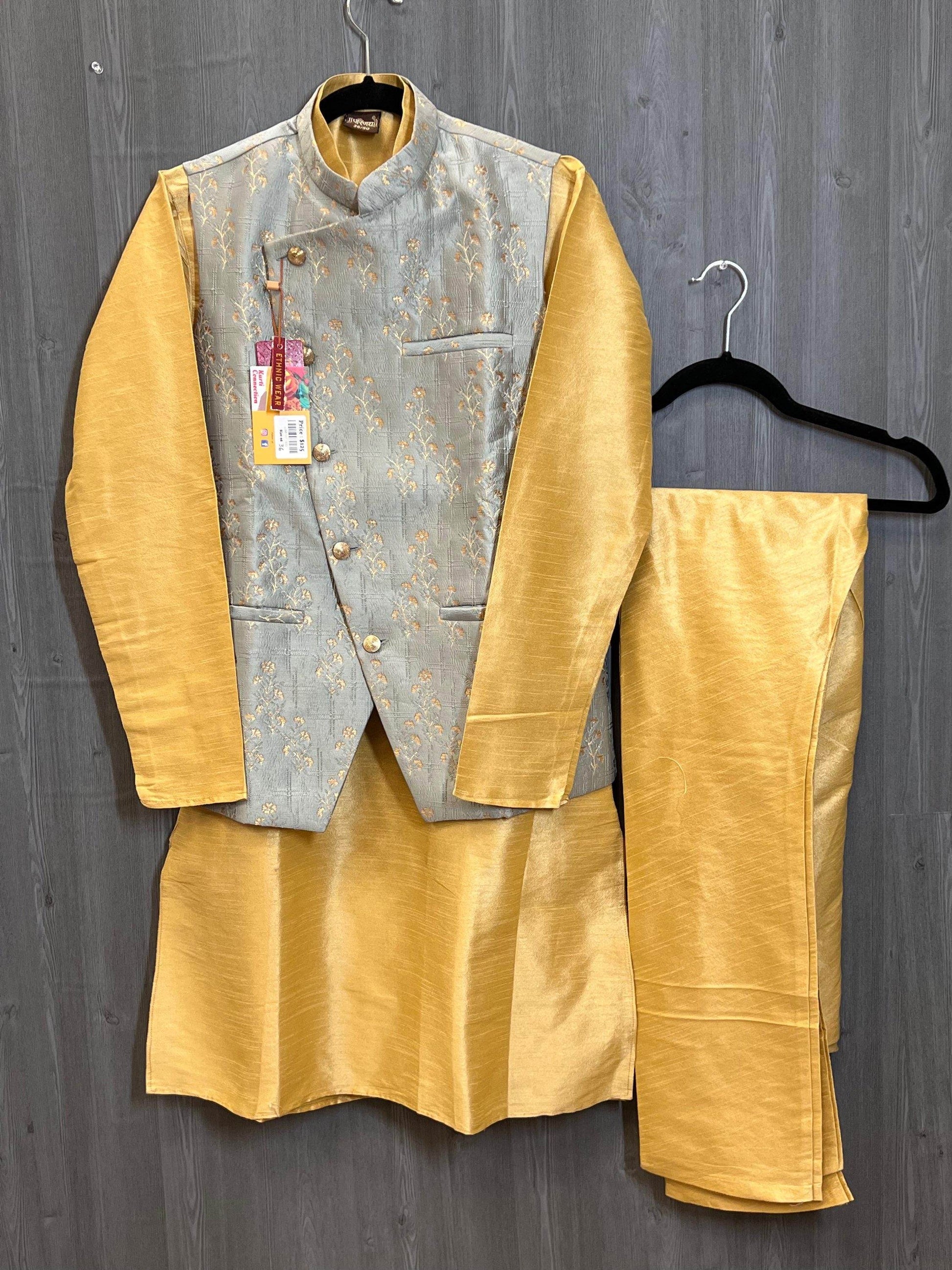 Silk kurta pajaama with jacket - Kurti Connection USA