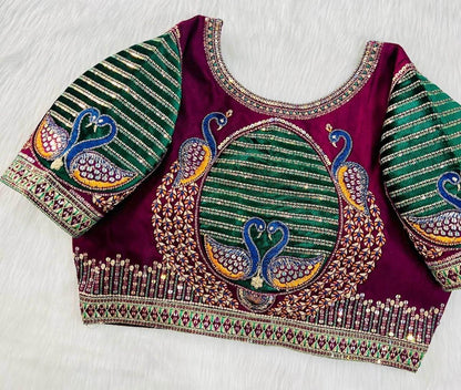Heavy party wear blouse with peacock pattern - Kurti Connection USA