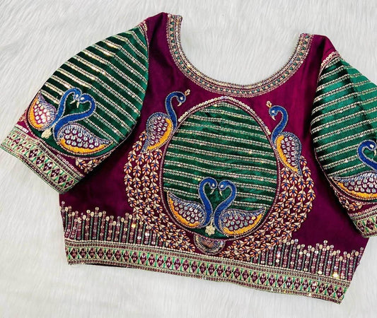 Heavy party wear blouse with peacock pattern - Kurti Connection USA