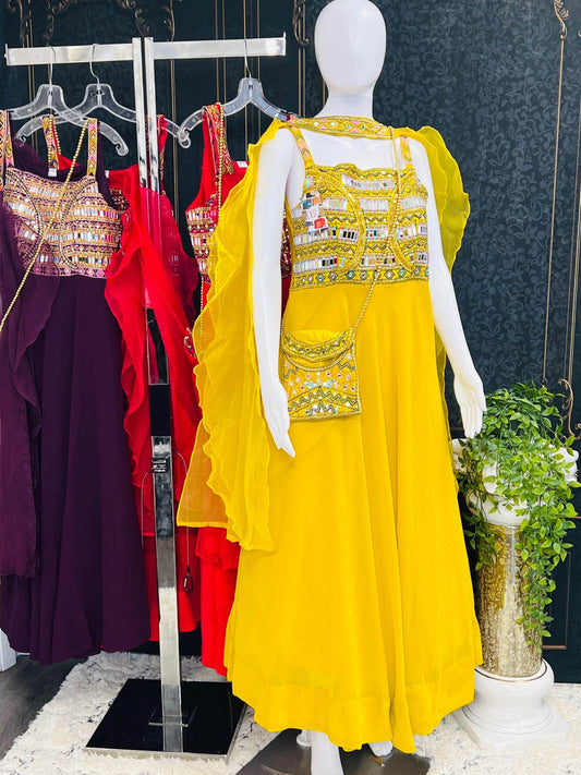 Chiffon long kurti with mirror work - Kurti Connection USA