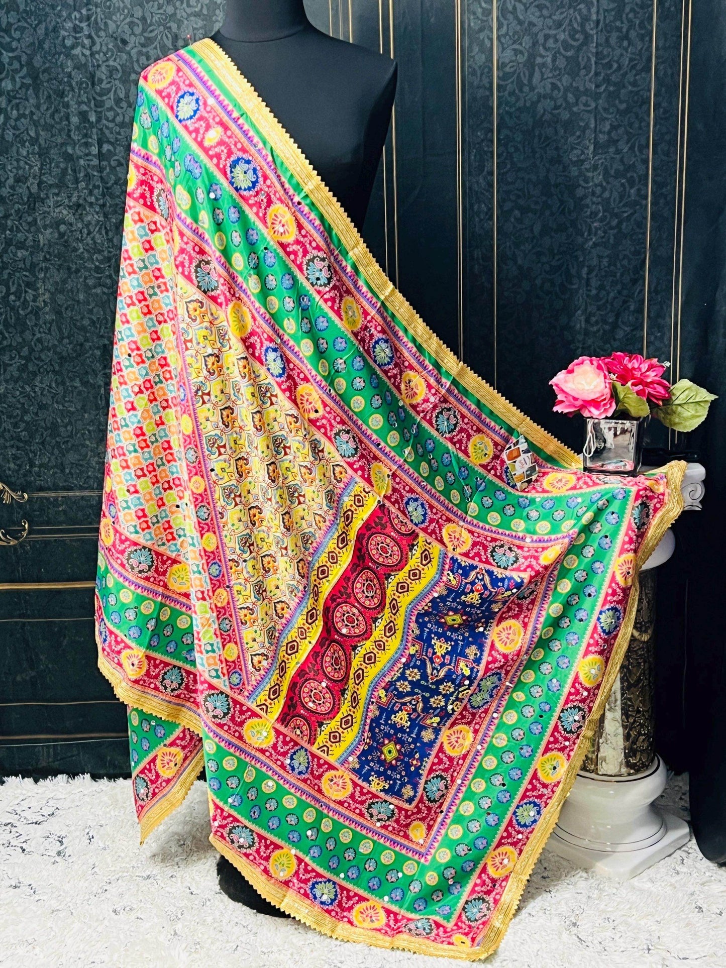 Crape silk multi color dupatta | mirror work dupatta - Kurti Connection USA