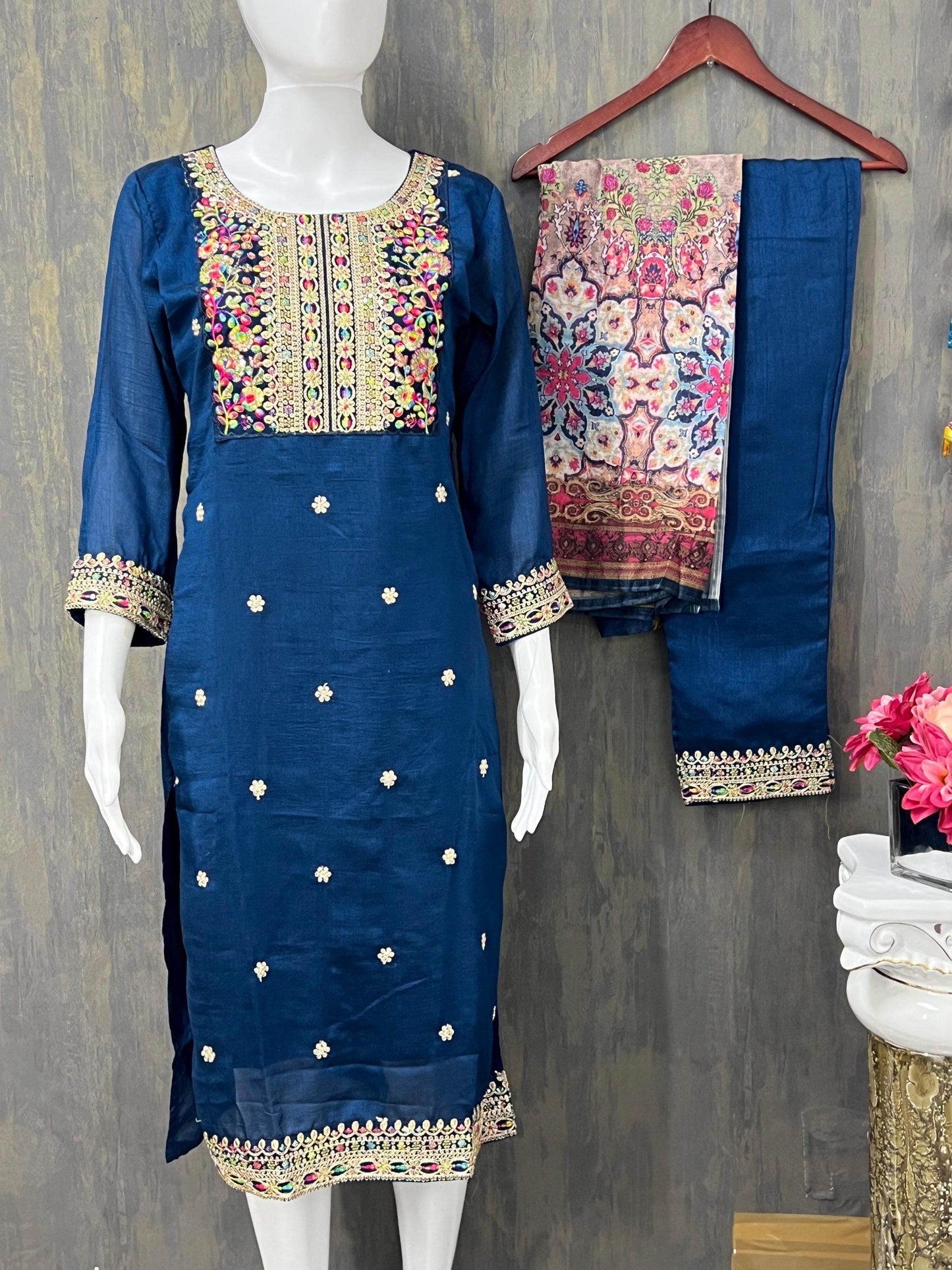 Silk Kurti pant set with digital print dupatta - Kurti Connection USA