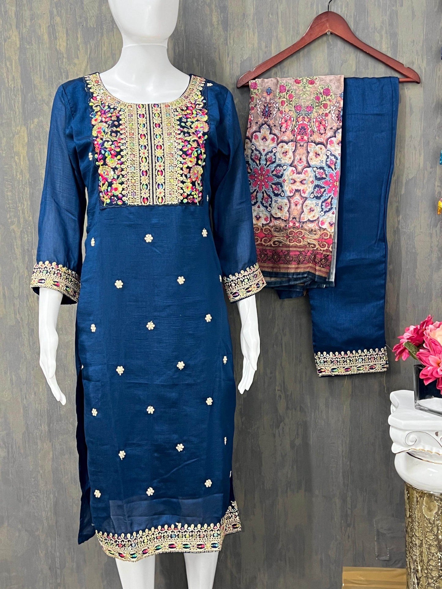 Silk Kurti pant set with digital print dupatta - Kurti Connection USA