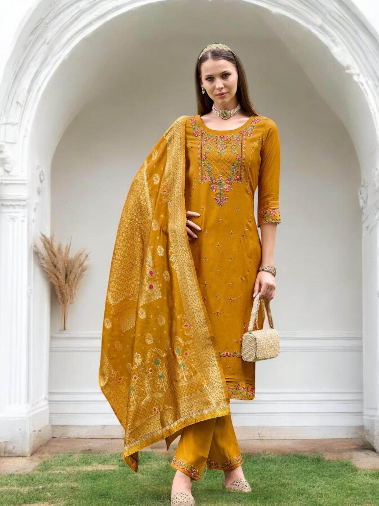 Linen silk Kurti set with banarasi dupatta - Kurti Connection USA