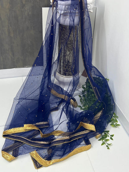 Dark blue Net dupatta with heavy lace - Kurti Connection USA