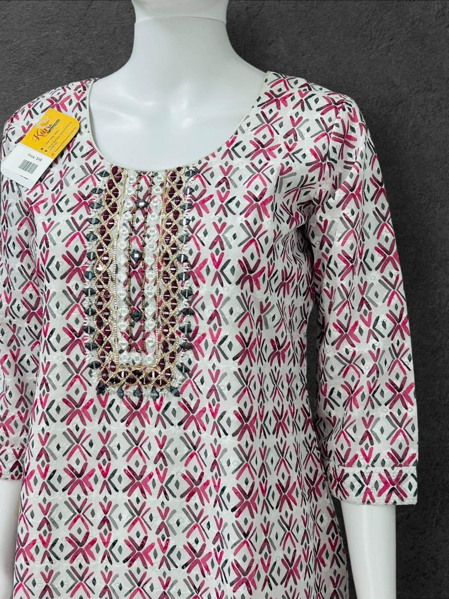 Cotton chikankari kurti with print: SALE - Kurti Connection USA